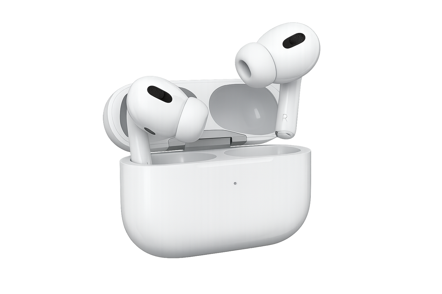 Imagen de los AirPods Pro 2 desde ángulo 3/4 con fondo transparente